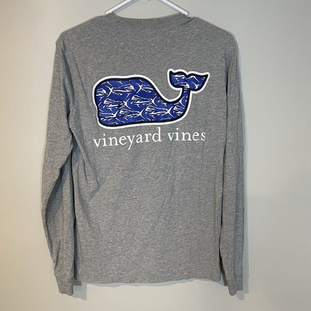 Vineyard Vines T-Shirt Size XS Men's Fish Whale Crew Neck Long Sleeve Gray Blue